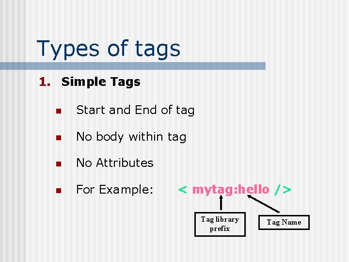 Types of tags 1. Simple Tags n Start and End of tag n No