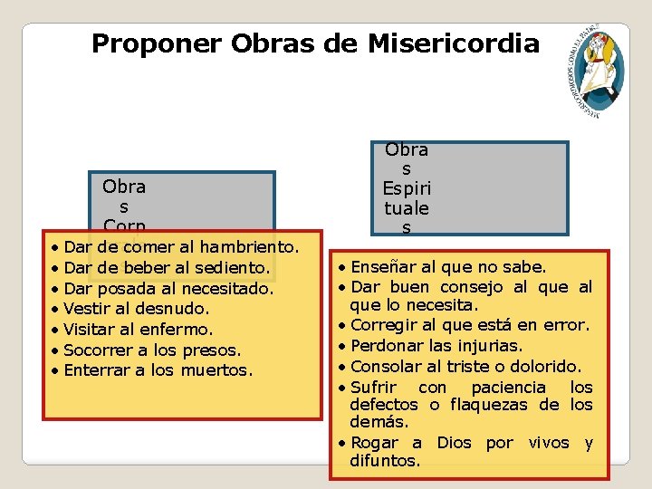 Proponer Obras de Misericordia Obra s Corp orale • Dar de comer al hambriento.