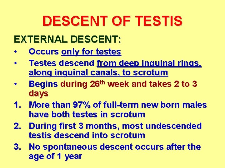 DESCENT OF TESTIS EXTERNAL DESCENT: • • Occurs only for testes Testes descend from