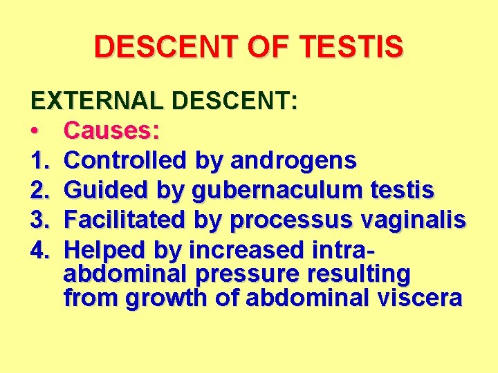 DESCENT OF TESTIS EXTERNAL DESCENT: • Causes: 1. Controlled by androgens 2. Guided by