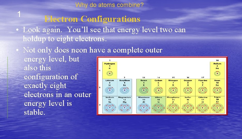 Why do atoms combine? 1 Electron Configurations • Look again. You’ll see that energy