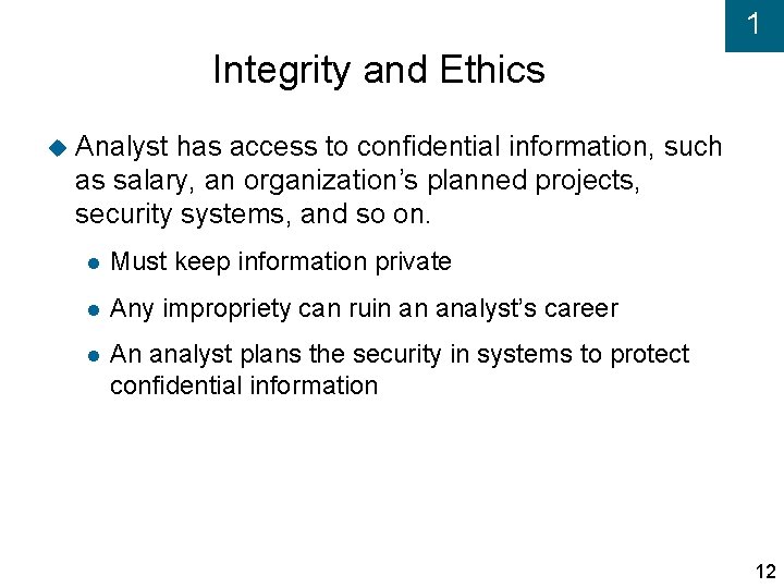 1 Integrity and Ethics Analyst has access to confidential information, such as salary, an