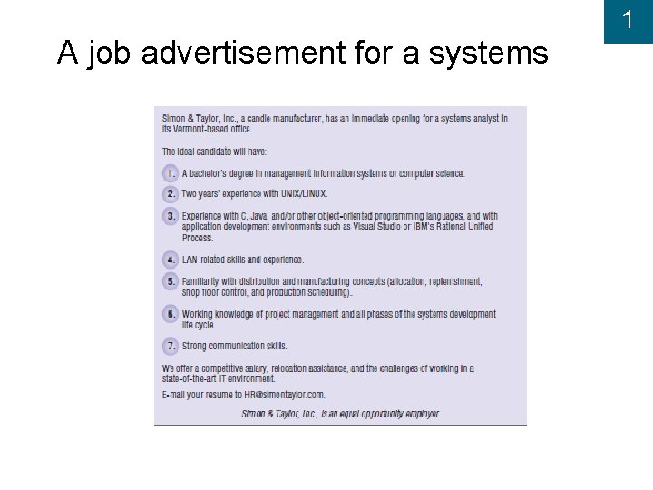 1 A job advertisement for a systems analyst. 