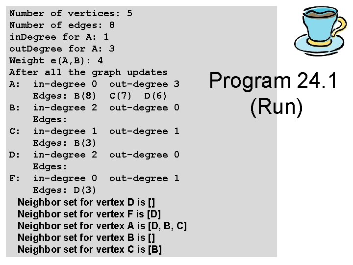 Number of vertices: 5 Number of edges: 8 in. Degree for A: 1 out.