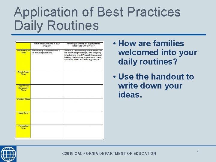 Application of Best Practices Daily Routines • How are families welcomed into your daily