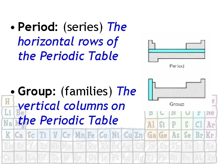  • Period: (series) The horizontal rows of the Periodic Table • Group: (families)