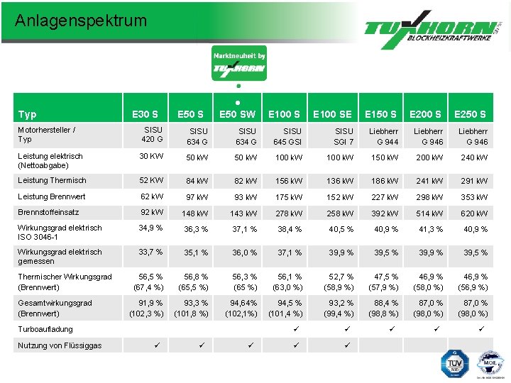 Anlagenspektrum Typ E 30 S E 50 S ● E 50 SW E 100