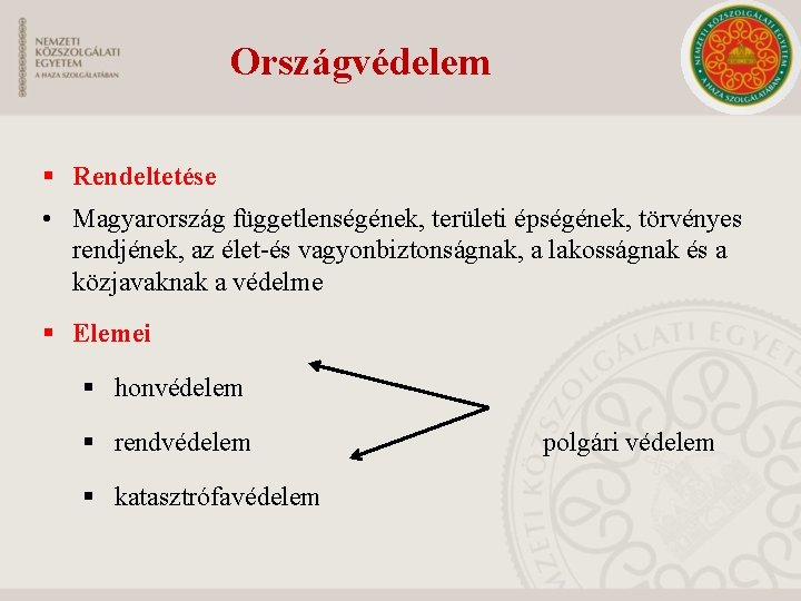 Országvédelem § Rendeltetése • Magyarország függetlenségének, területi épségének, törvényes rendjének, az élet és vagyonbiztonságnak,