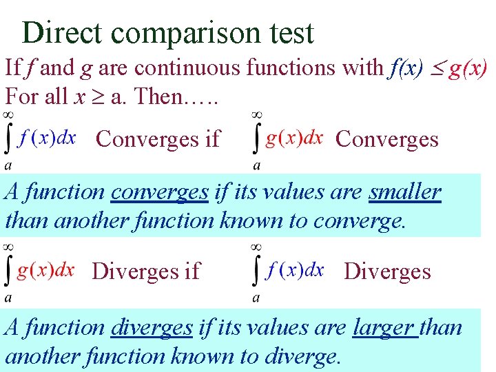 Direct comparison test If f and g are continuous functions with f(x) g(x) For