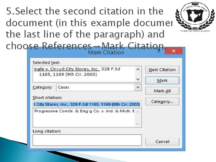 5. Select the second citation in the document (in this example document the last