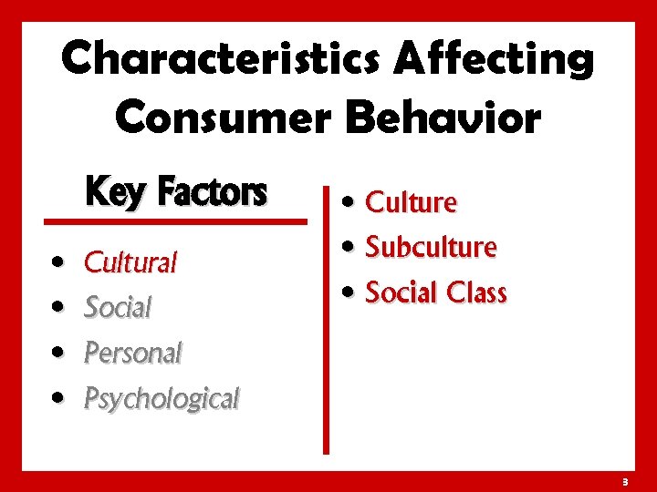 Characteristics Affecting Consumer Behavior Key Factors • Cultural • Social • Personal • Culture