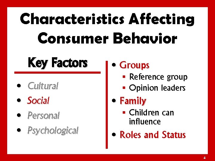 Characteristics Affecting Consumer Behavior Key Factors • Groups § Reference group § Opinion leaders