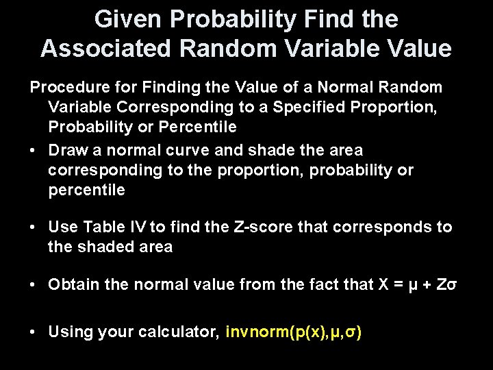 Given Probability Find the Associated Random Variable Value Procedure for Finding the Value of