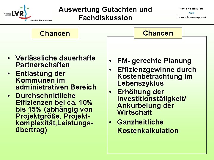 Auswertung Gutachten und Fachdiskussion Chancen • Verlässliche dauerhafte Partnerschaften • Entlastung der Kommunen im