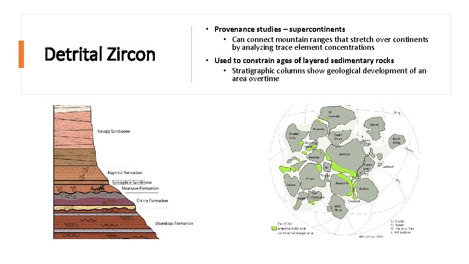 Detrital Zircon • Provenance studies – supercontinents • Can connect mountain ranges that stretch