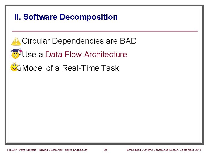 II. Software Decomposition n Circular Dependencies are BAD n Use a Data Flow Architecture