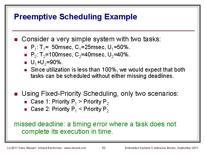 Preemptive Scheduling Example n Consider a very simple system with two tasks: n n