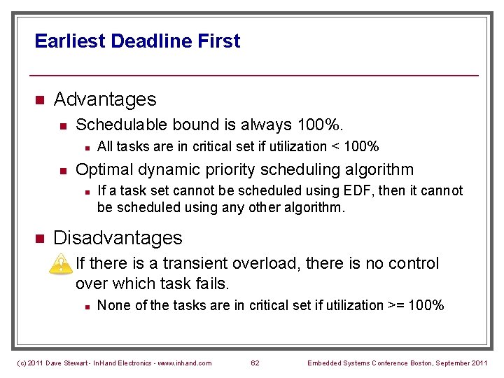 Earliest Deadline First n Advantages n Schedulable bound is always 100%. n n Optimal