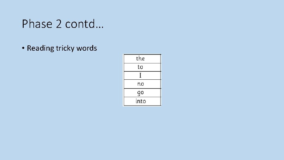 Phase 2 contd… • Reading tricky words 