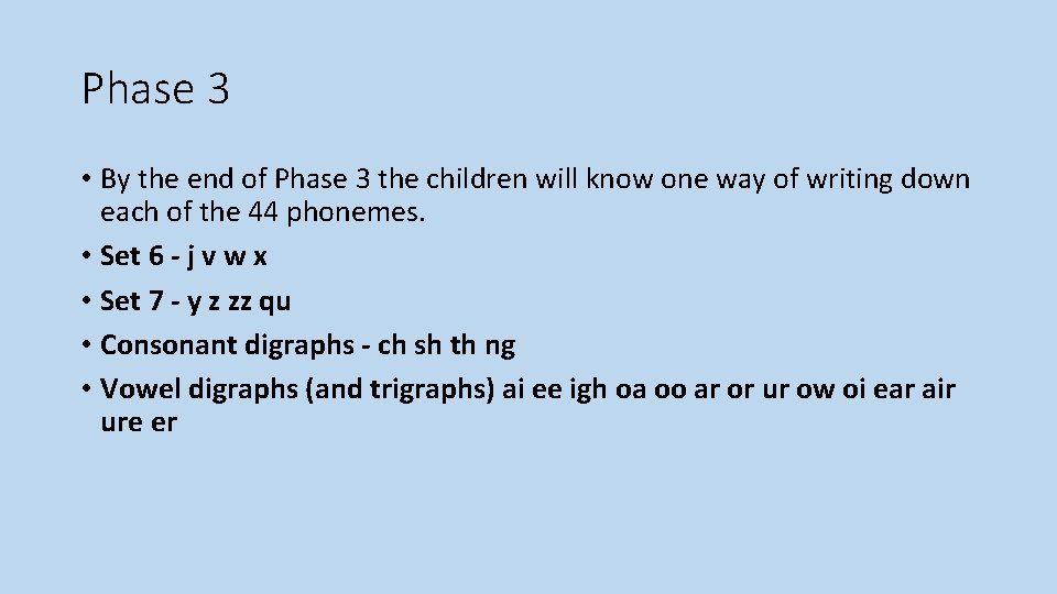 Phase 3 • By the end of Phase 3 the children will know one