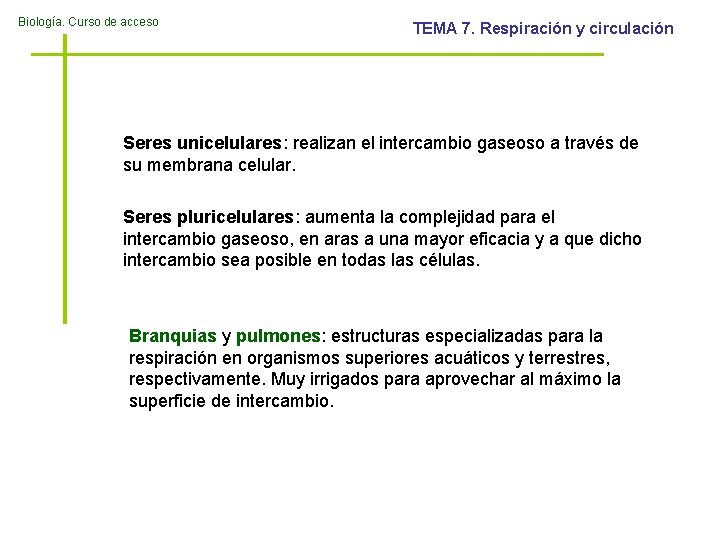 Biología. Curso de acceso TEMA 7. Respiración y circulación Seres unicelulares: realizan el intercambio