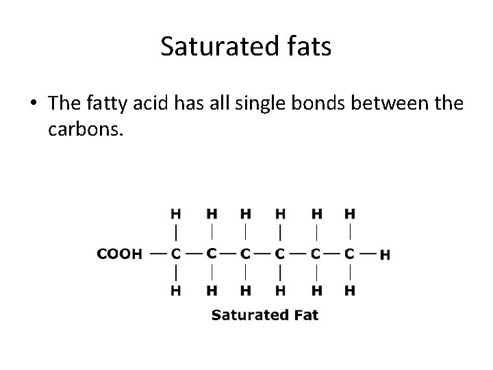 Saturated fats • The fatty acid has all single bonds between the carbons. 