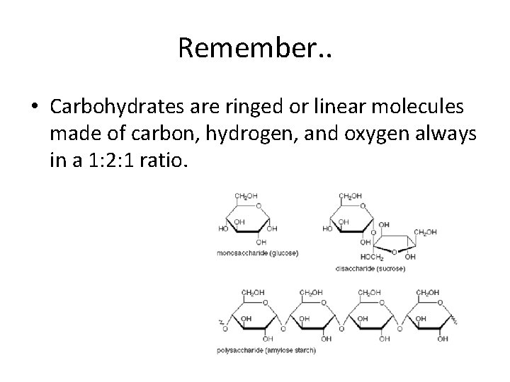 Remember. . • Carbohydrates are ringed or linear molecules made of carbon, hydrogen, and