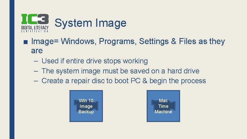 System Image ■ Image= Windows, Programs, Settings & Files as they are – Used