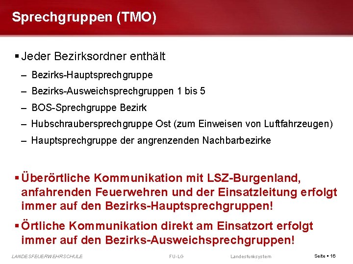 Sprechgruppen (TMO) Jeder Bezirksordner enthält – Bezirks-Hauptsprechgruppe – Bezirks-Ausweichsprechgruppen 1 bis 5 – BOS-Sprechgruppe