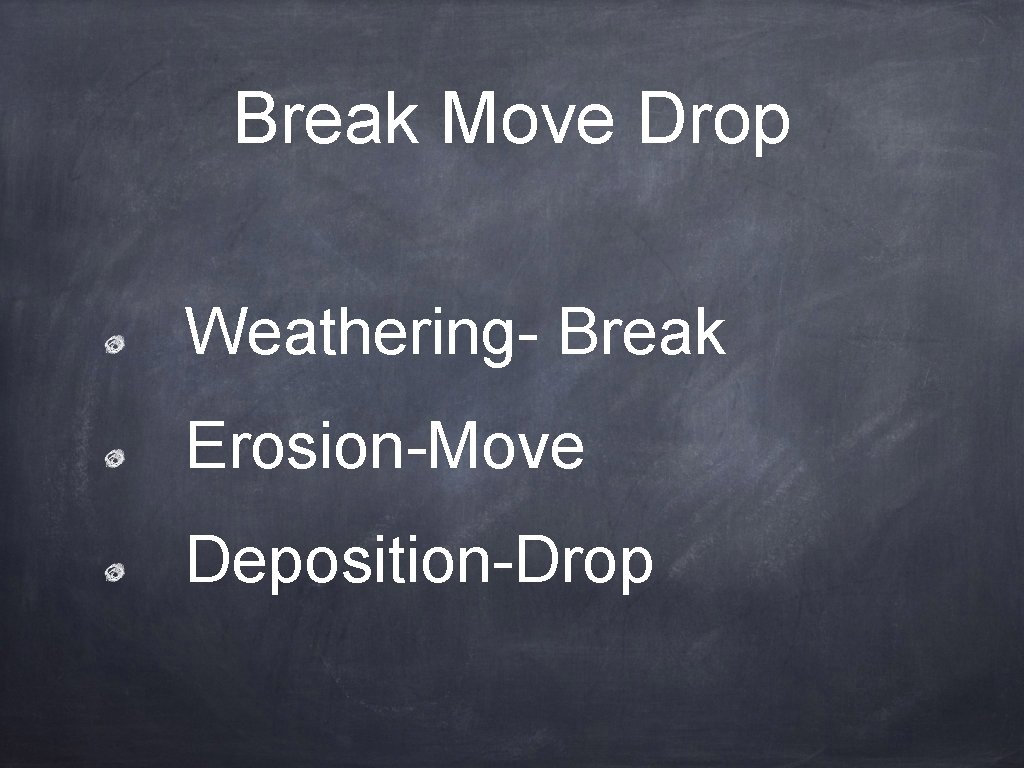 Break Move Drop Weathering- Break Erosion-Move Deposition-Drop 