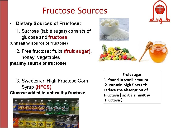 Fructose Sources • Dietary Sources of Fructose: 1. Sucrose (table sugar) consists of glucose