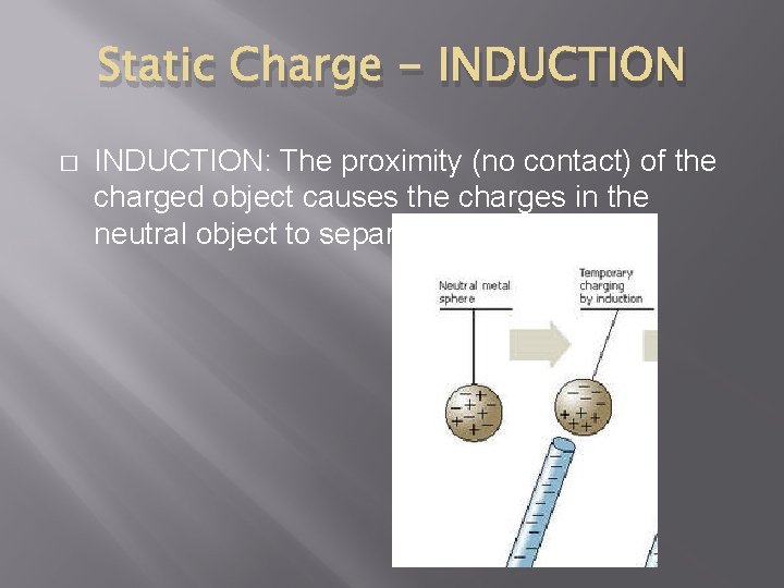 Static Charge - INDUCTION � INDUCTION: The proximity (no contact) of the charged object
