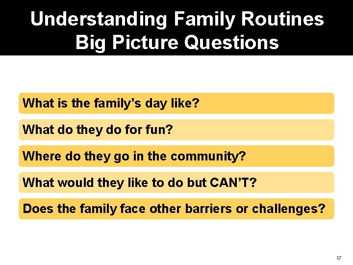 Understanding Family Routines Big Picture Questions What is the family’s day like? What do