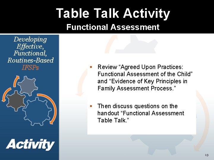 Table Talk Activity Functional Assessment Developing Effective, Functional, Routines-Based IFSPs Review “Agreed Upon Practices: