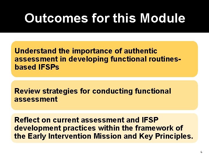 Outcomes for this Module Understand the importance of authentic assessment in developing functional routinesbased