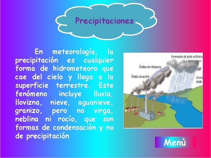 Precipitaciones En meteorología, la precipitación es cualquier forma de hidrometeoro que cae del cielo