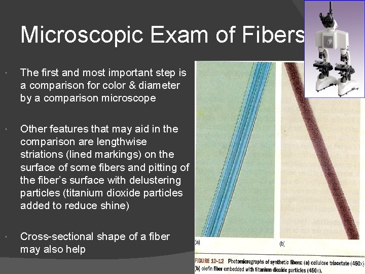 Microscopic Exam of Fibers The first and most important step is a comparison for
