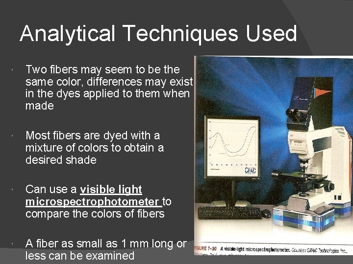 Analytical Techniques Used Two fibers may seem to be the same color, differences may