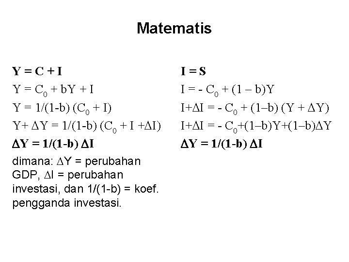 Matematis Y=C+I Y = C 0 + b. Y + I Y = 1/(1