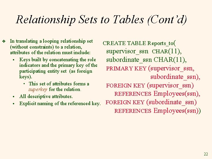 Relationship Sets to Tables (Cont’d) v In translating a looping relationship set CREATE TABLE Relationship Sets to Tables (Cont’d) v In translating a looping relationship set CREATE TABLE