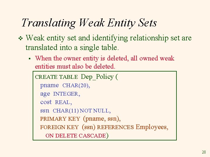 Translating Weak Entity Sets v Weak entity set and identifying relationship set are translated Translating Weak Entity Sets v Weak entity set and identifying relationship set are translated