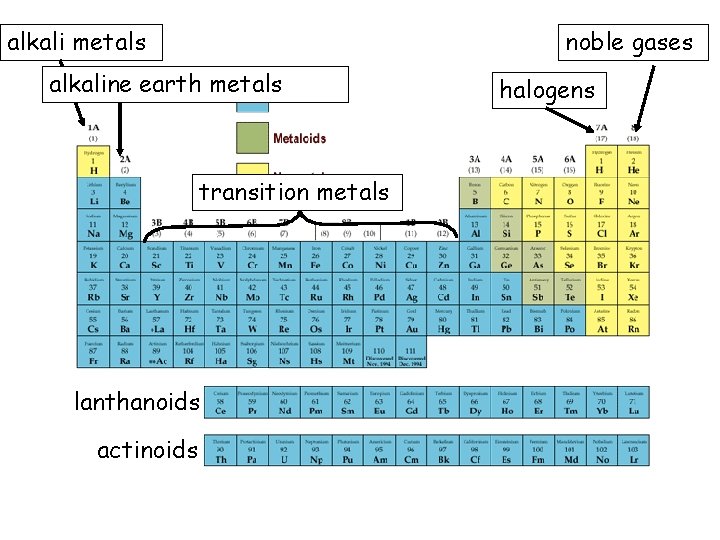 alkali metals noble gases alkaline earth metals transition metals lanthanoids actinoids halogens 