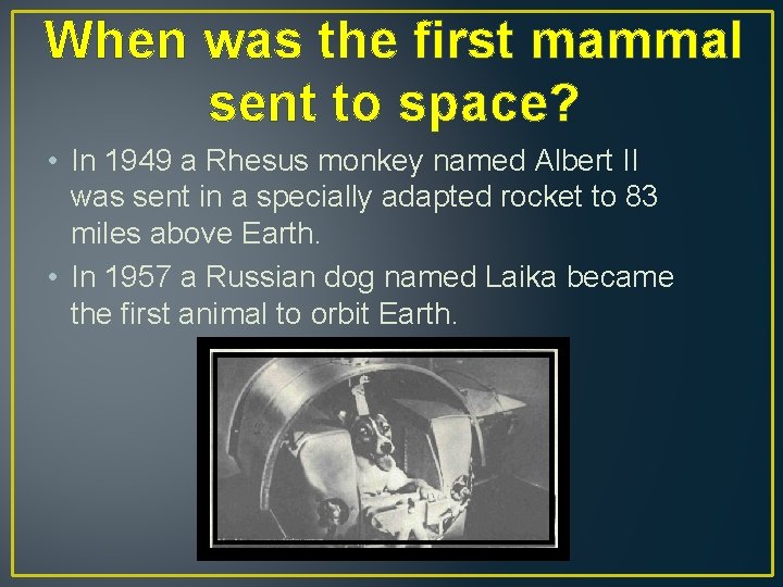 When was the first mammal sent to space? • In 1949 a Rhesus monkey