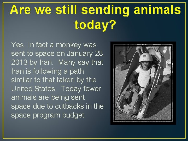 Are we still sending animals today? Yes. In fact a monkey was sent to