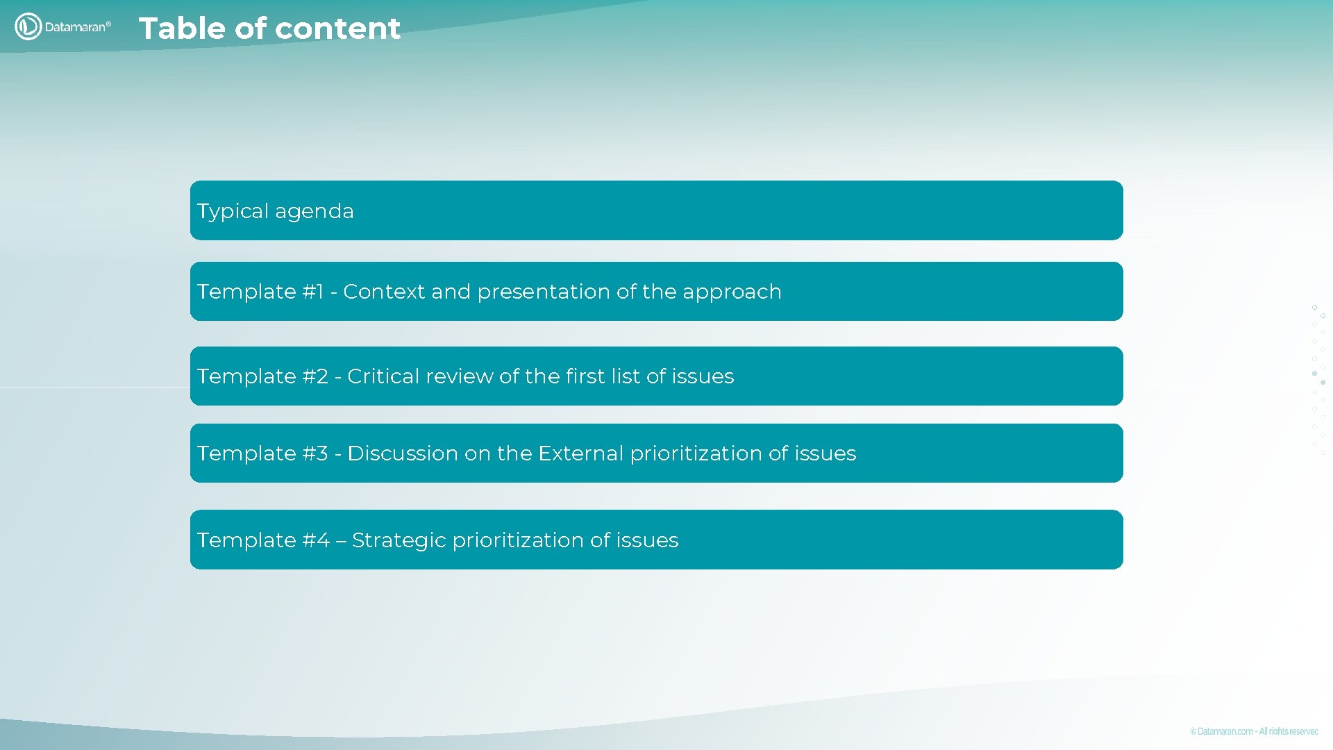 Table of content Typical agenda Template #1 - Context and presentation of the approach