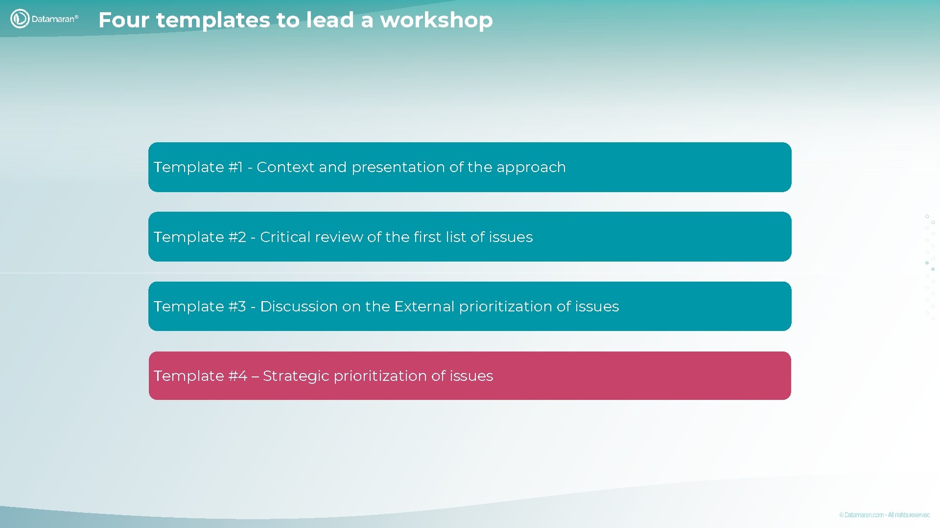 Four templates to lead a workshop Template #1 - Context and presentation of the