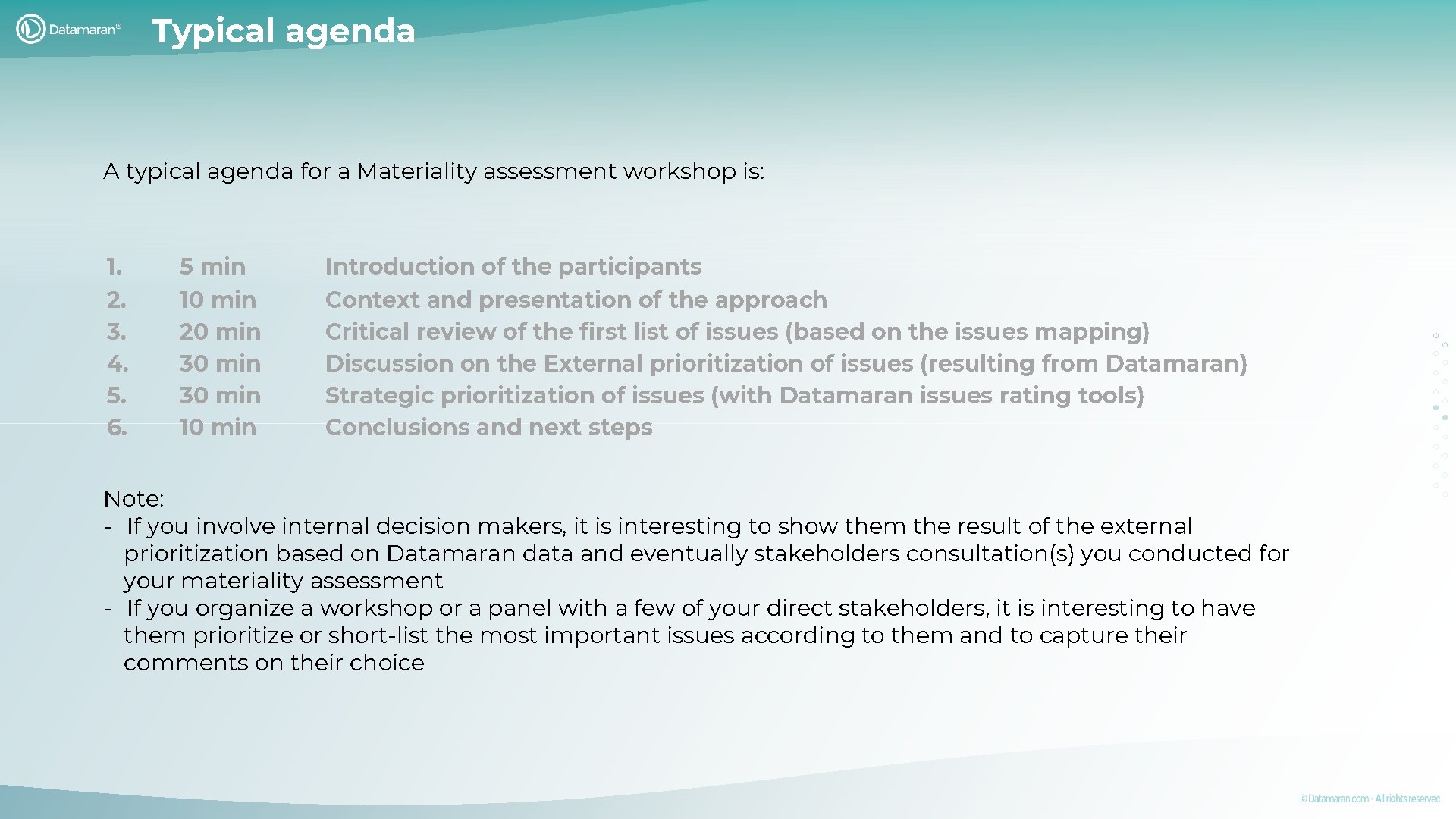 Typical agenda A typical agenda for a Materiality assessment workshop is: 1. 2. 3.