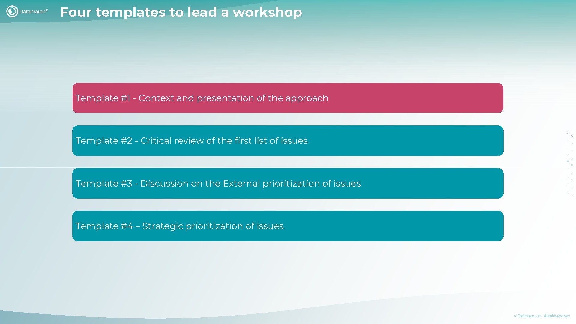 Four templates to lead a workshop Template #1 - Context and presentation of the