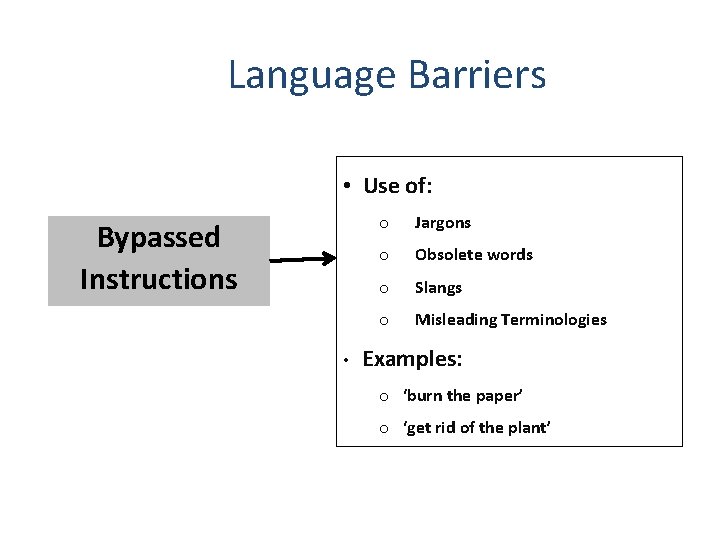 Language Barriers • Use of: Bypassed Instructions • o Jargons o Obsolete words o