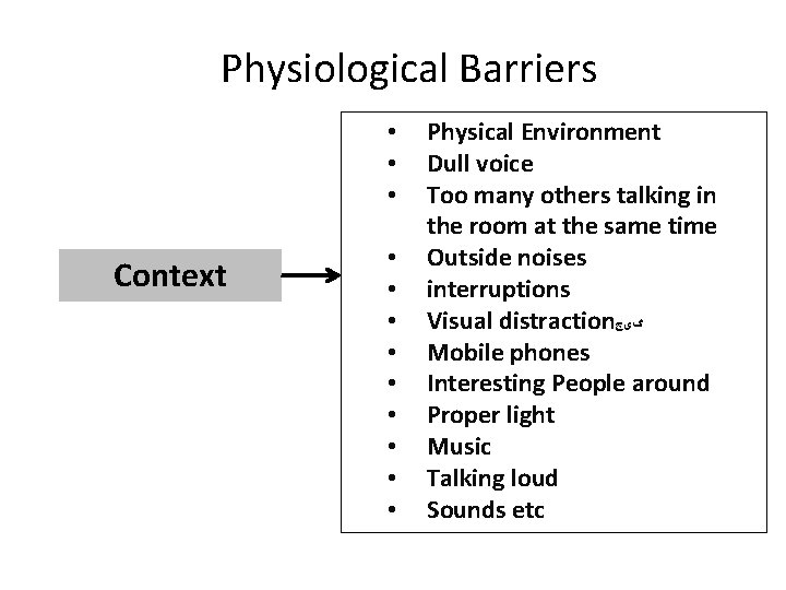 Physiological Barriers • • • Context • • • Physical Environment Dull voice Too